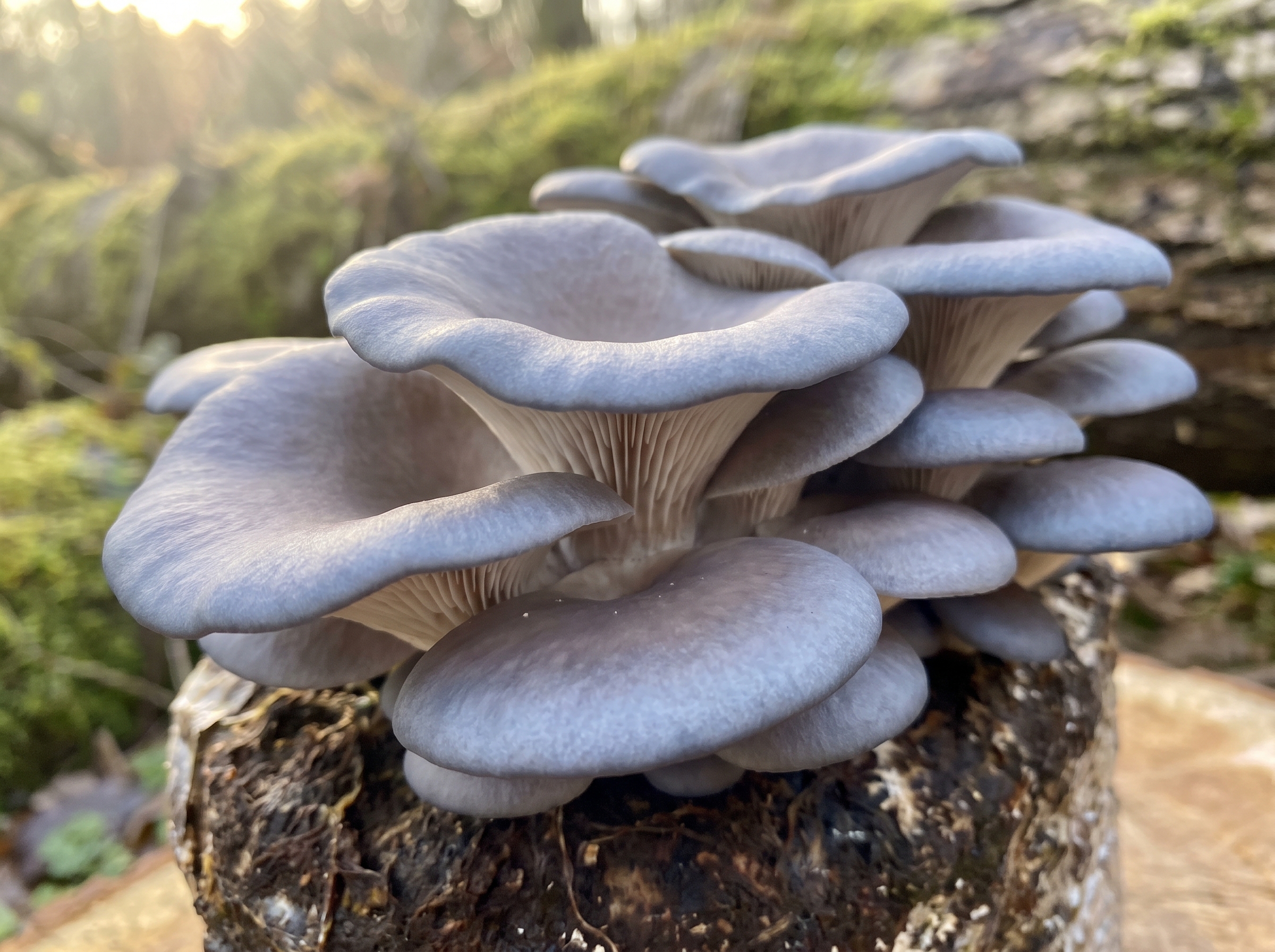 Blue oyster mushroom cluster on substrate